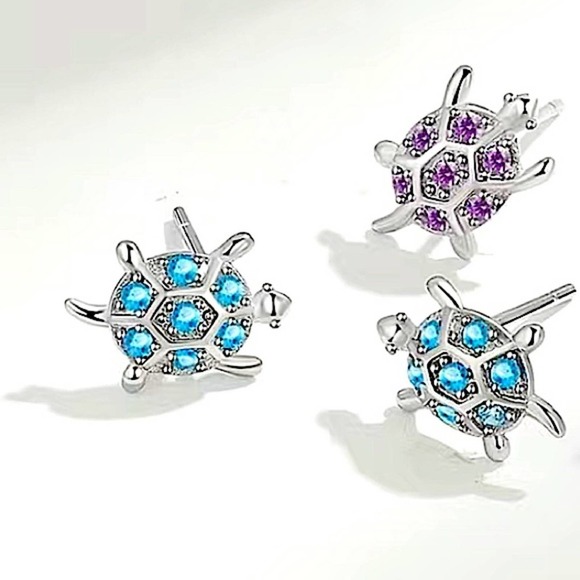 Sterling Silver Blue Turtle Stud Earrings - Picture 5 of 6